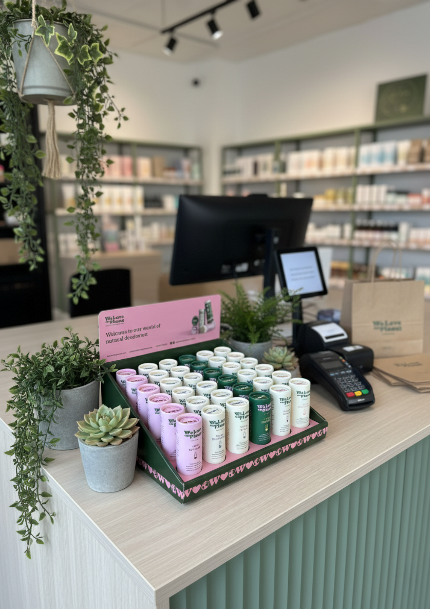 WLTP-deodorantdisplay op een winkelbalie